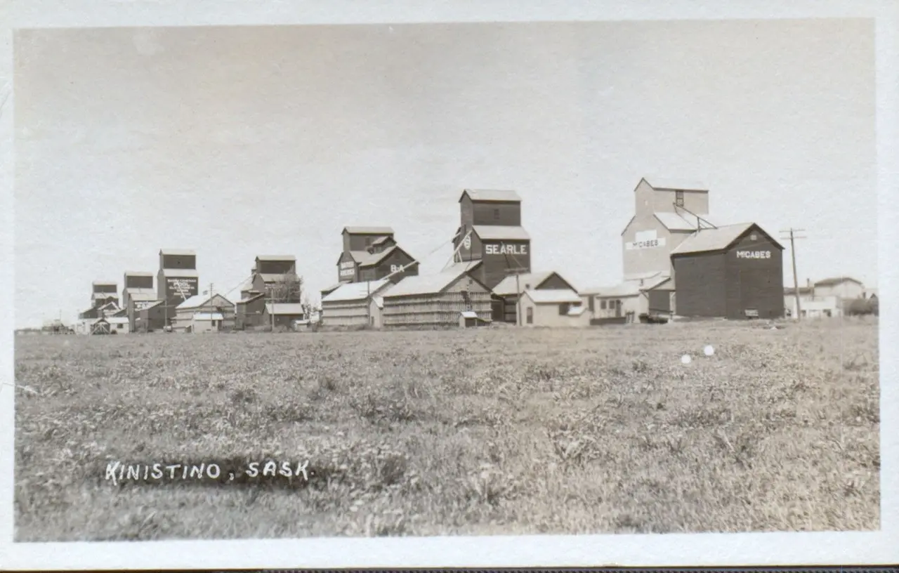 Grain elevators at Kinistino, about 1920s